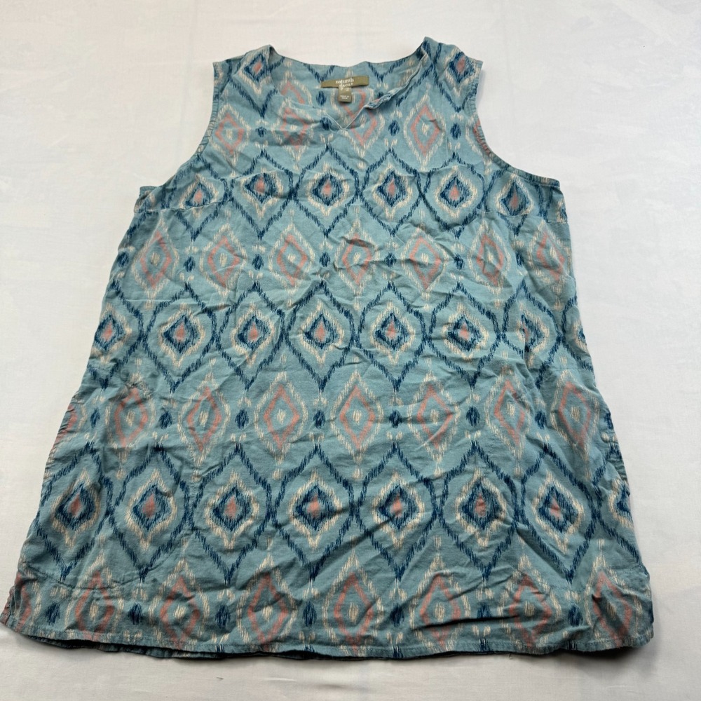Naturals d&co Tank Top Womens Large Blue Diamond Ikat Linen Blend Split V-Neck